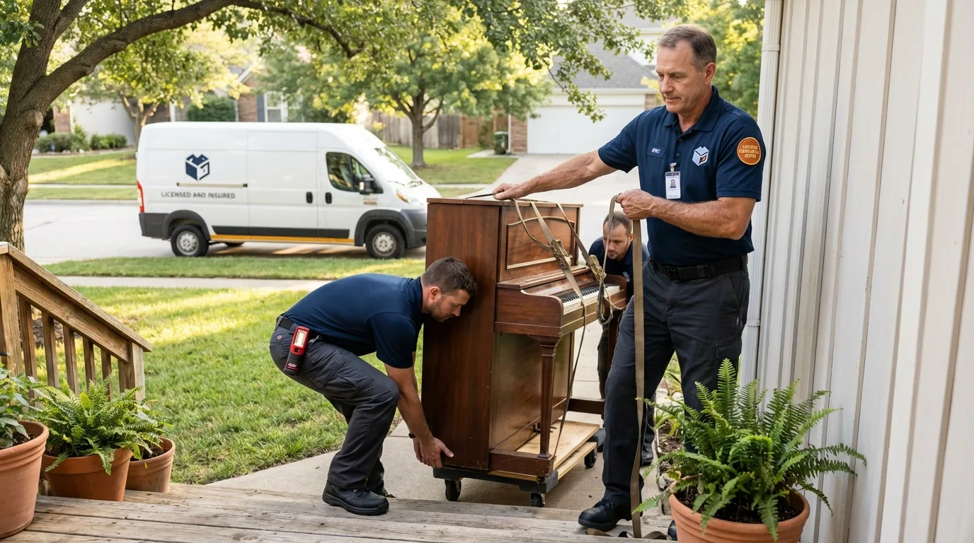 Licensed piano movers securing grand piano in Clarence, NY