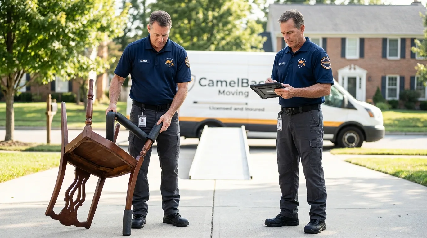 Movers inspecting furniture for damage prevention before loading in Clarence, NY