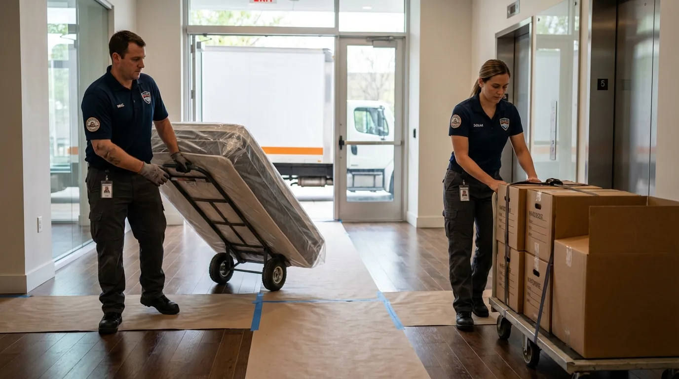 Professional apartment movers loading elevator in Clarence, NY