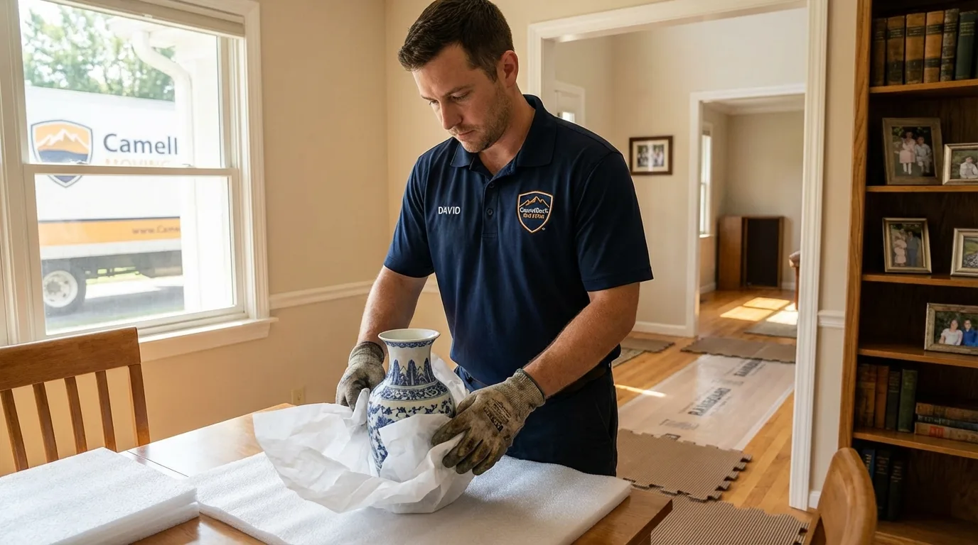 Professional crew carefully wrapping antique vase for senior downsizing move in Clarence, NY
