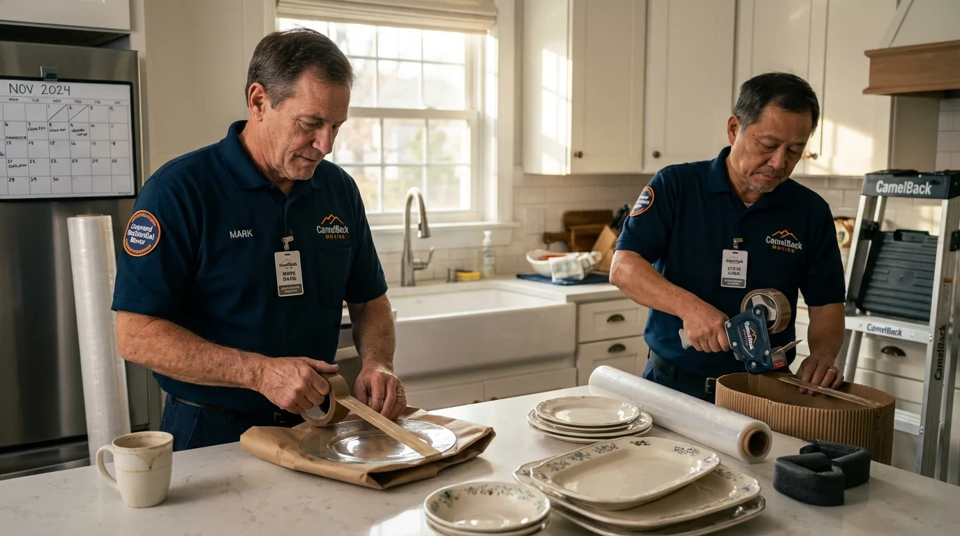 Professional crew packing kitchen dishware in Clarence, NY